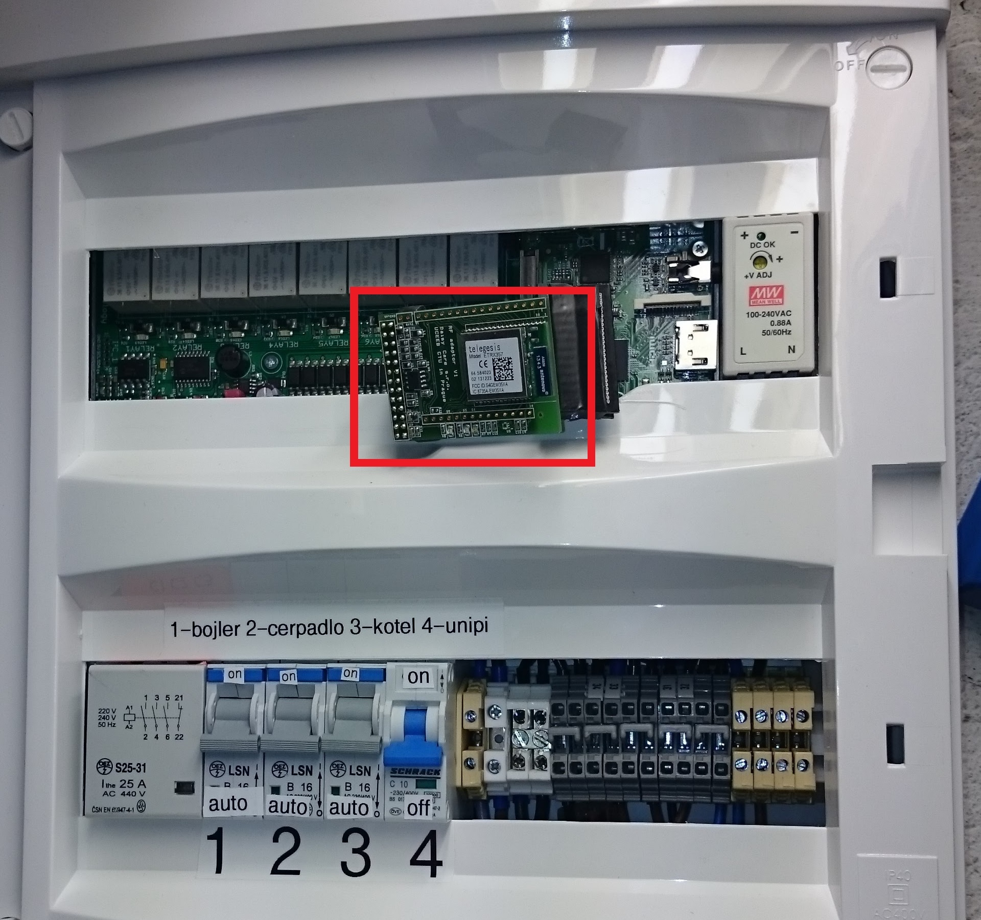 Distribution board with UniPi. The ZigBee chip is marked with the red rectangle.